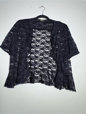 Intriguing Threads Black Sheer Lace Cardigan Shrug Floral Stretch Made in USA 1X